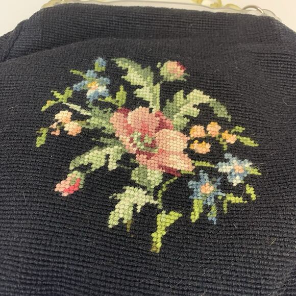 Vtg Needlepoint Purse Handbag Floral Tapestry Acrylic Lucite Close Chain 1950s - Picture 11 of 13